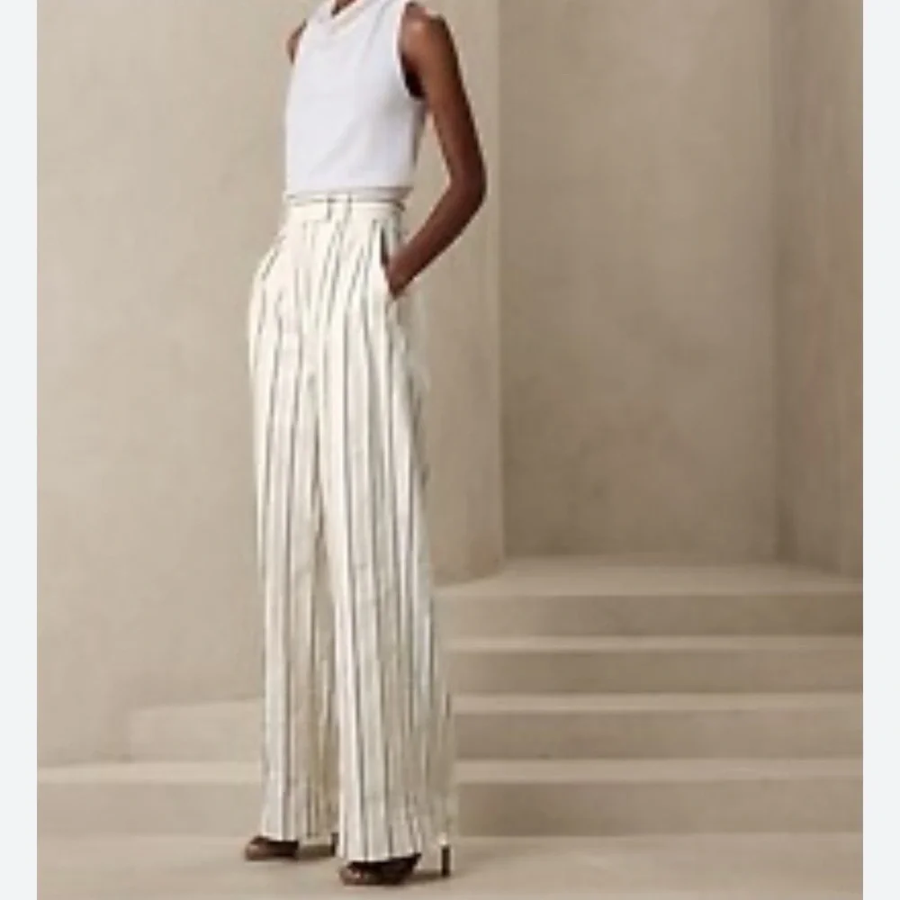 Banana Republic NWT Alva Linen Cotton Stripe Wide Leg High Rise Trouser US8/P